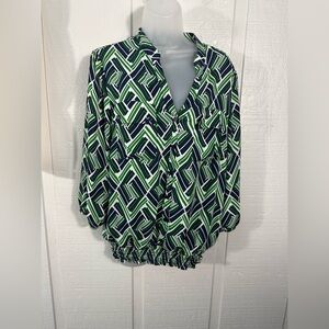 Green White and Blue Long Sleeve Womens Top Size Large EUC